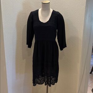 Johnny Was Black Scoop Neck Embroidered Dress with 3/4 Sleeves Size M